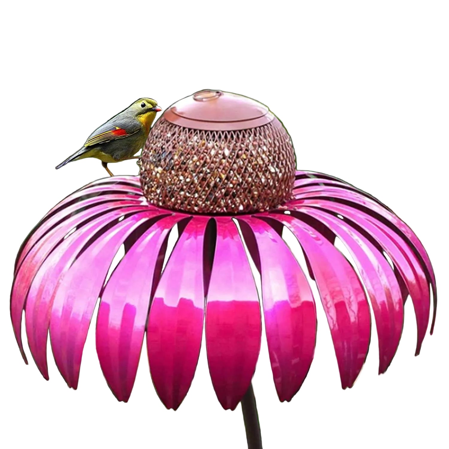 Blomstformet fuglehus i jern med detaljerte kronblader, perfekt hagedekorasjon og fôringssted for småfugler.
