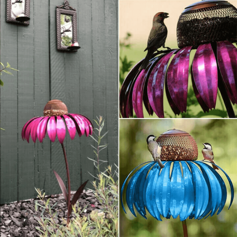 Håndlaget blomster-fuglehus i robust jern, en elegant og funksjonell hagedekorasjon for fugleelskere.