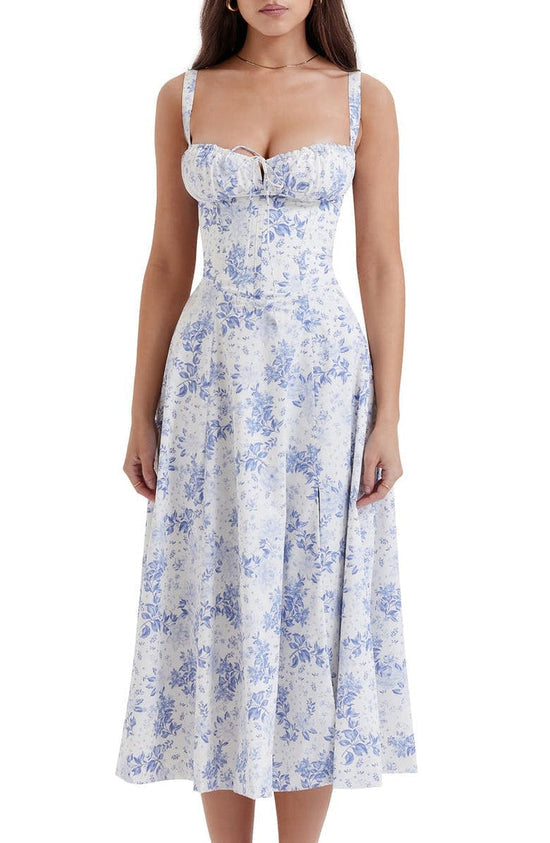Festkjole med elegant blomstermønster, en midikjole som former og passer S-2XL.