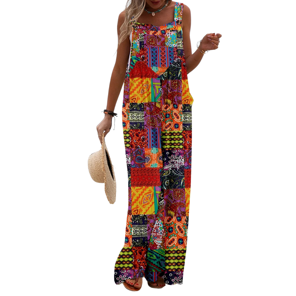 Bohemian jumpsuit for kvinner med vide ben og sommerlig mønster. Perfekt casual ferieantrekk.
