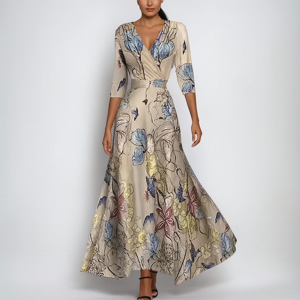 Elegant blomstret bohemsk damekjole, lang sommerkjole med V-hals og trekvart ermer for ferie.