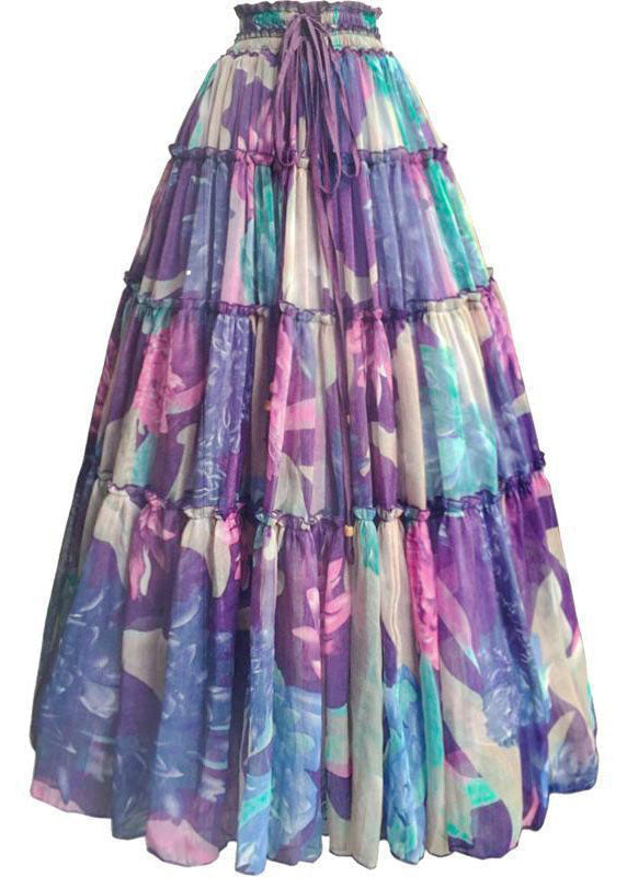 Bohemsk damesommerskjørt i lett chiffon med patchwork, rynker og justerbar snøring for komfort.