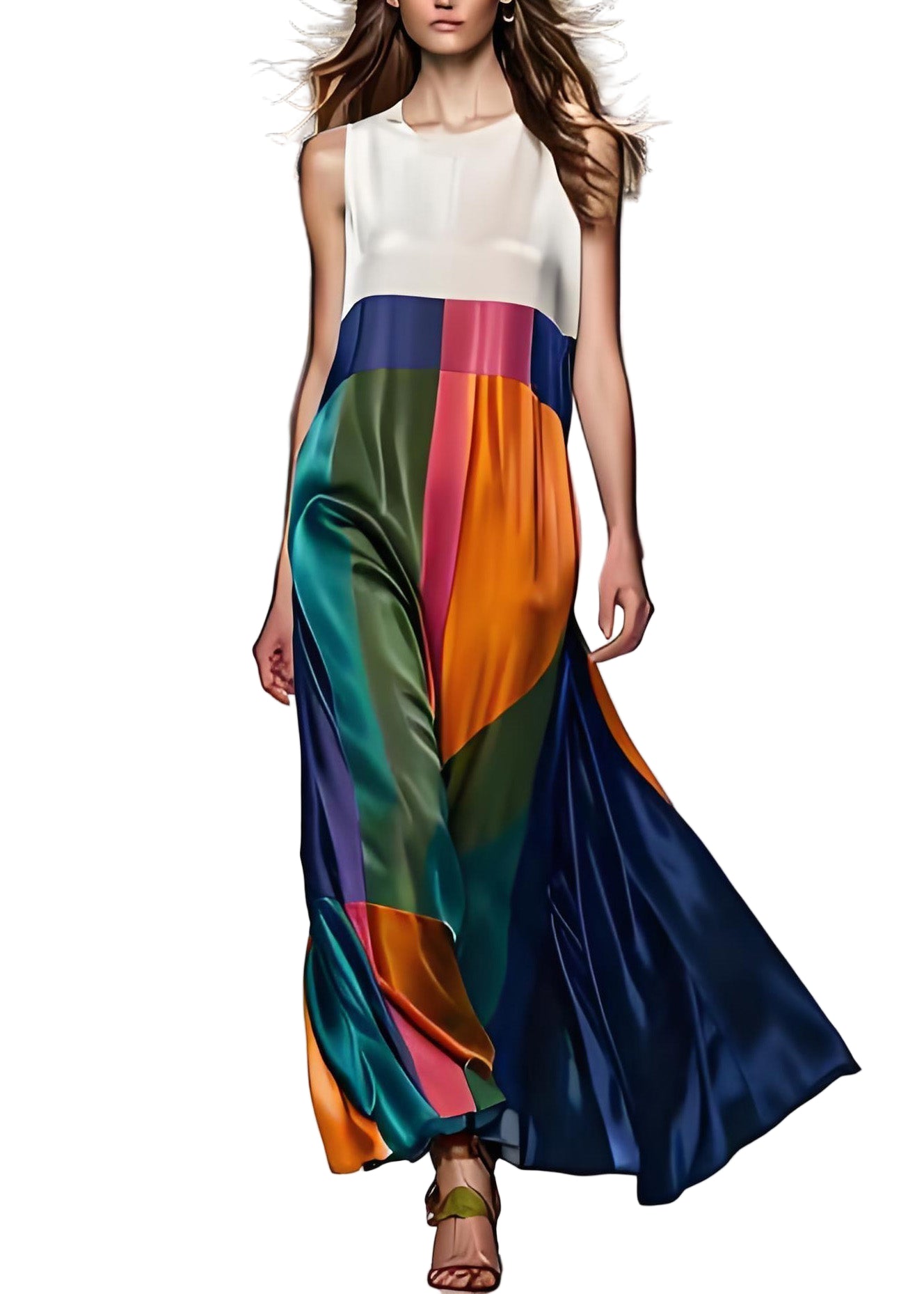 Boho maxi kjole i fargeblokk design med O-hals for damer. Perfekt som komfortabel sommerkjole eller festivalstil.