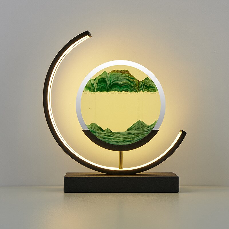 Bordlampe med 3D sandkunst og dynamisk LED-lys, perfekt for moderne interiørdekor.