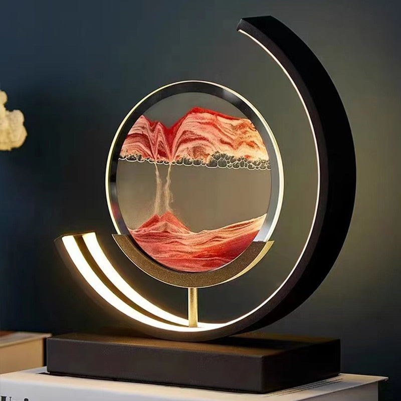Unik bordlampe med beroligende 3D sandkunst, ideell for stue eller soverom.