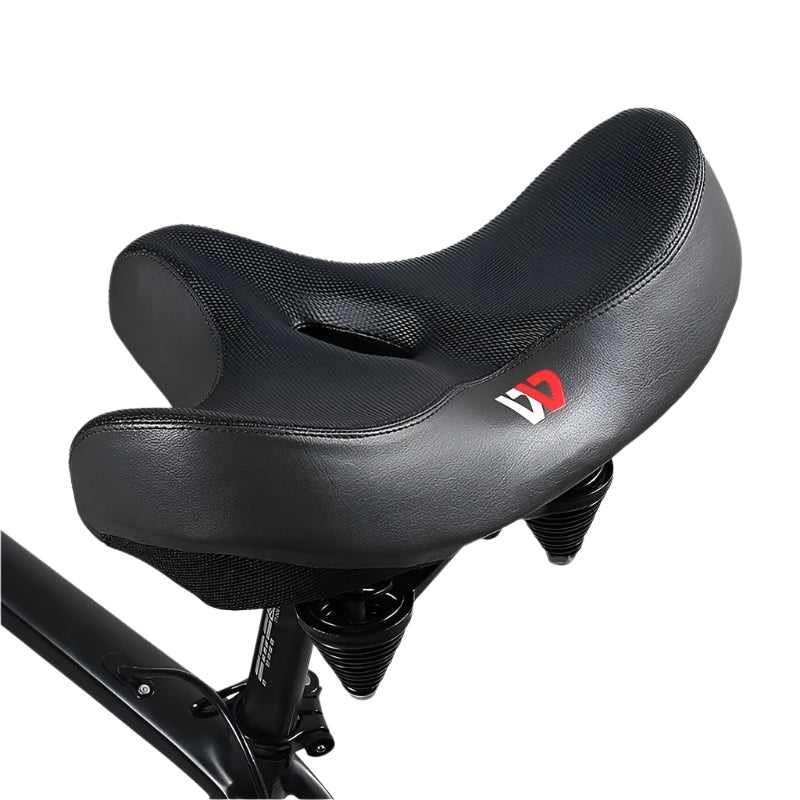 Bredt sykkelsete i PU-lær for optimal komfort og støtdemping. Ergonomisk design til lange sykkelturer.