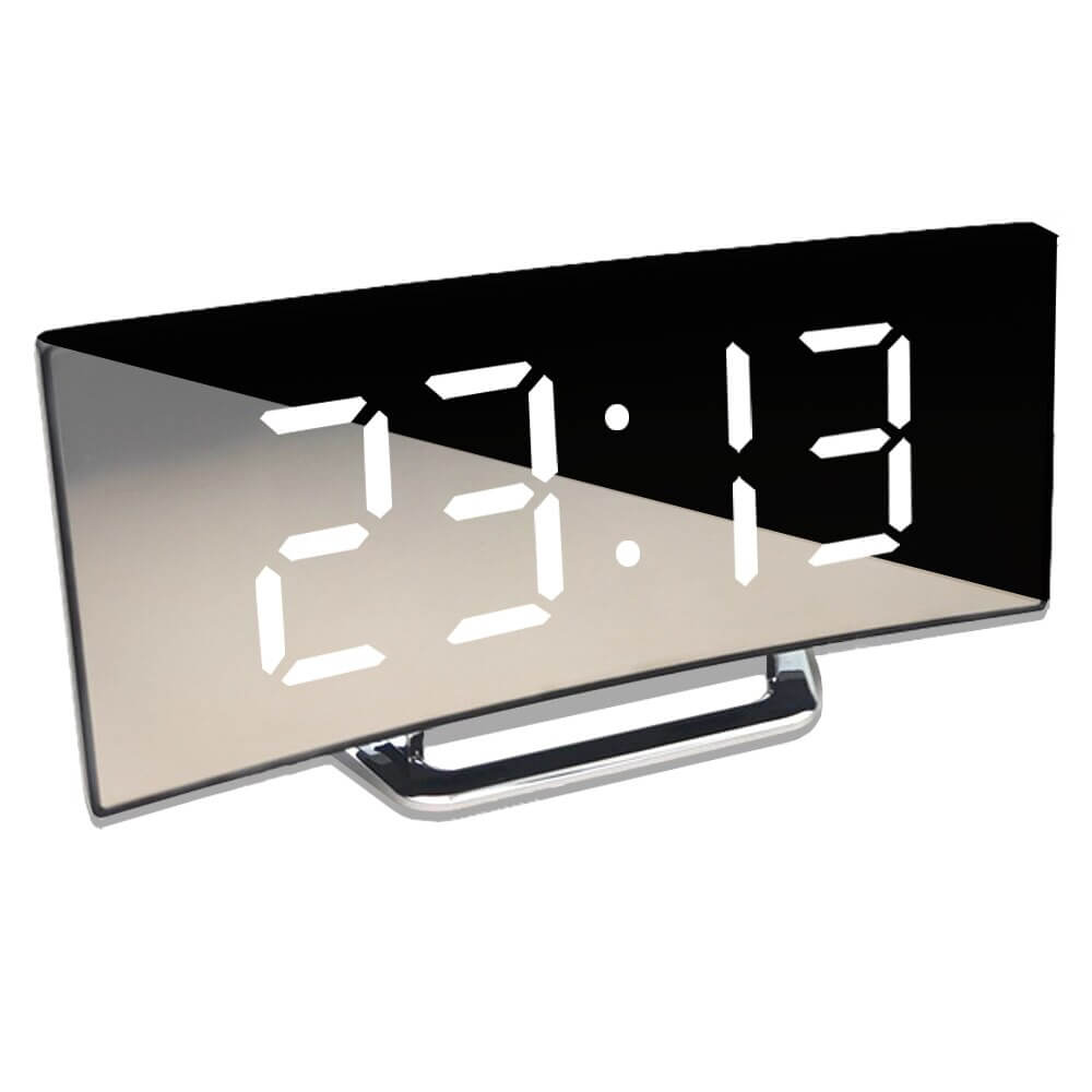 Moderne buet digital vekkerklokke med LED-display, alarm og slumrefunksjon for stilfull hjemmeinnredning.