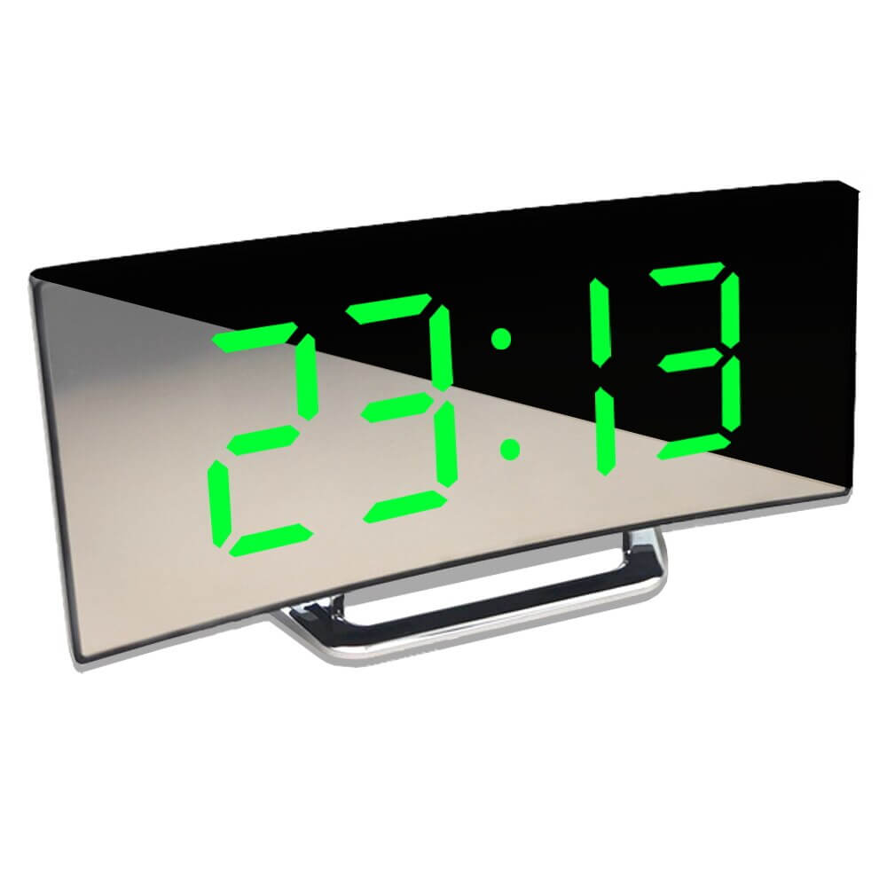 Digital LED-vekkerklokke med buet design og justerbar lysstyrke; ideell for nattbordet.