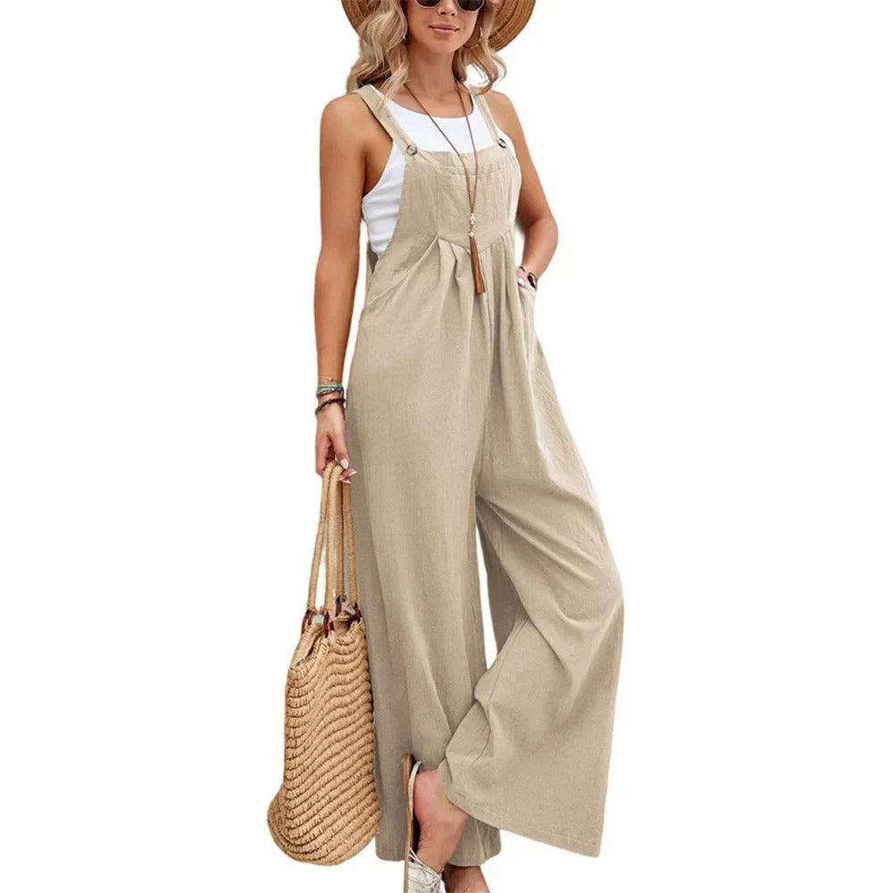Dame baggy bib jumpsuit med brede ben i en avslappet stil. Komfortabel hverdagskjeledress for kvinner.