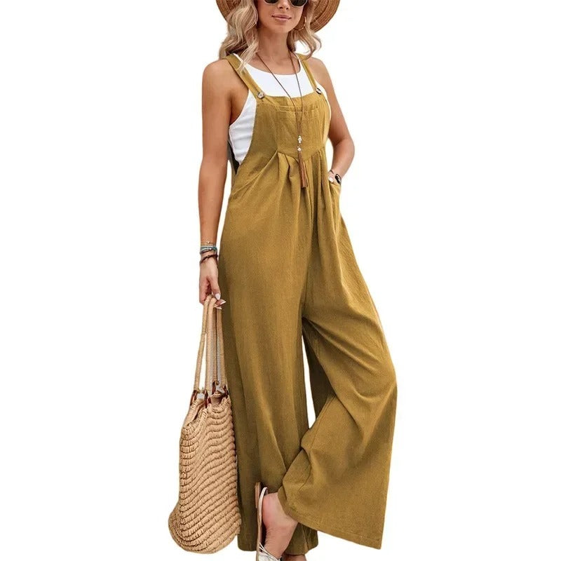 Dame kjeledress, baggy bib jumpsuit med brede ben. Komfortabel og uformell dameklær i avslappet passform.