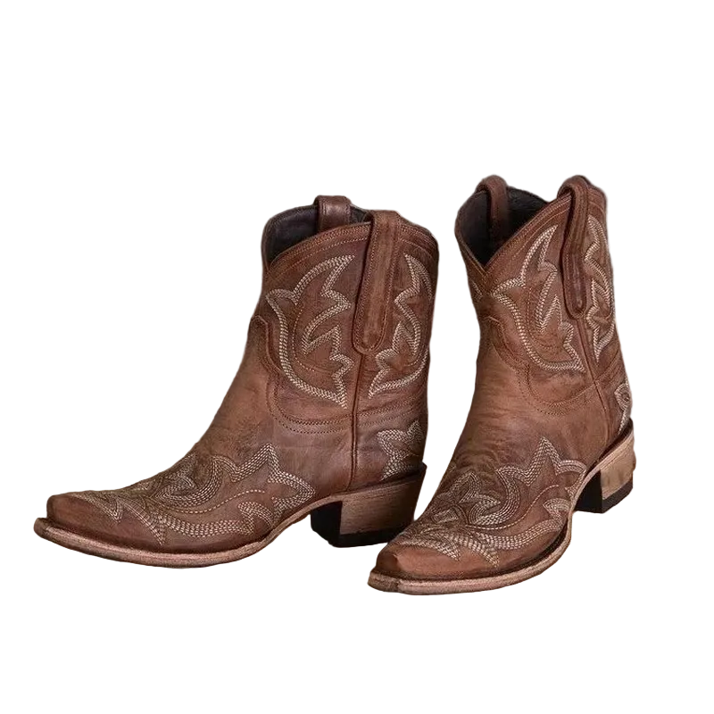 Dame cowboy ankelstøvletter med intrikate broderier i western stil. Perfekt for motebevisste kvinner.