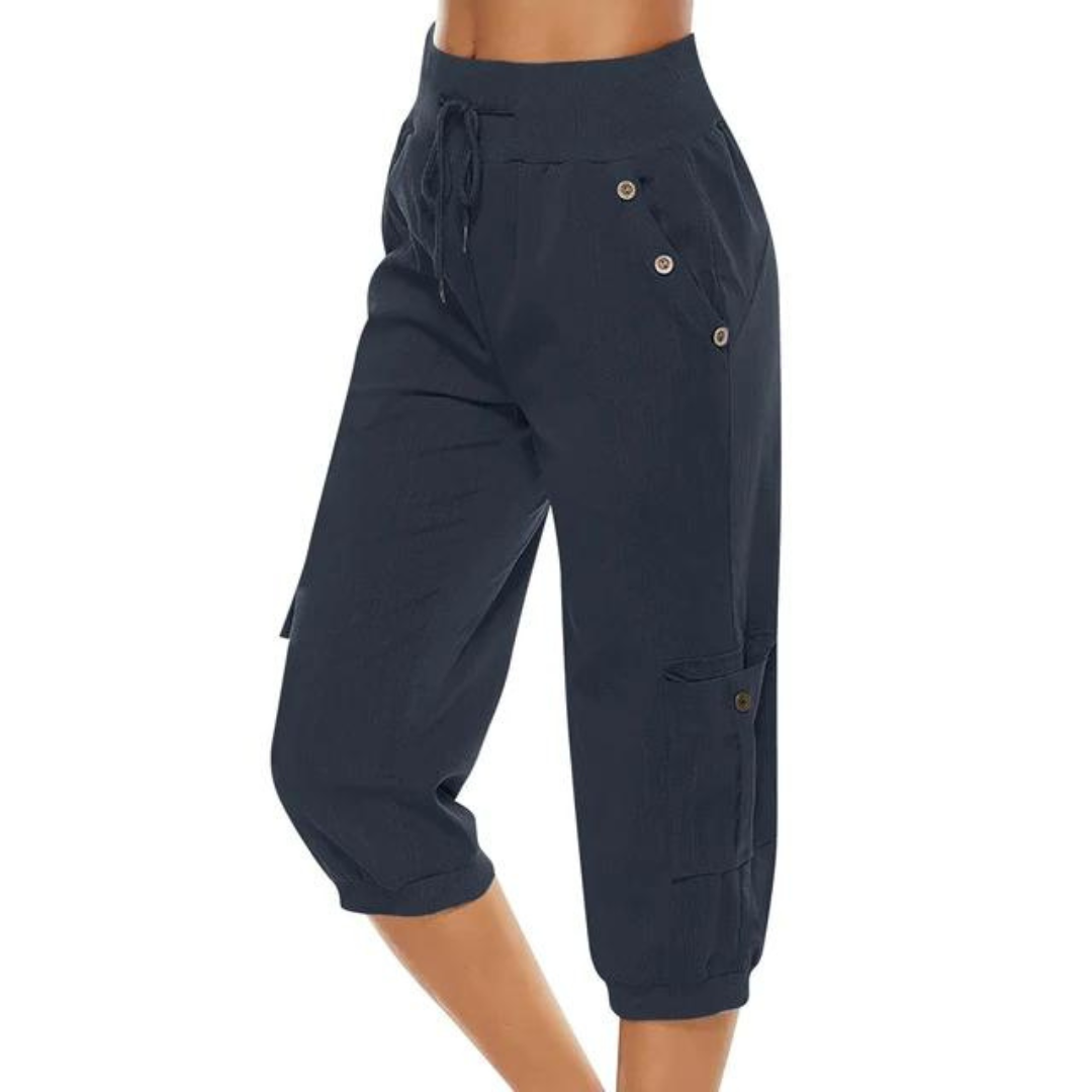 Myk dame cropped bukse med elastisk midje, pustende stoff perfekt for sommerbruk.