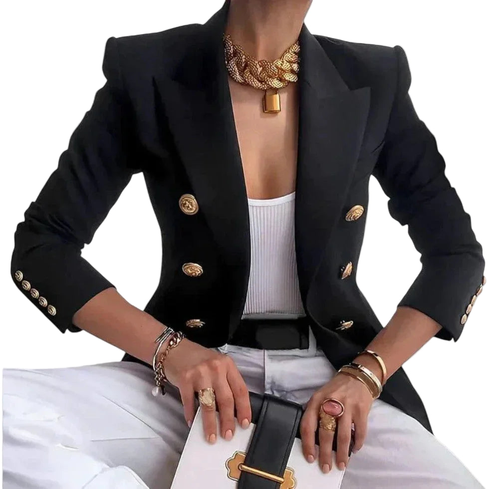 Dame dobbeltspent blazer med skreddersydd passform og elegante gullknapper. Perfekt for kontor og fest.