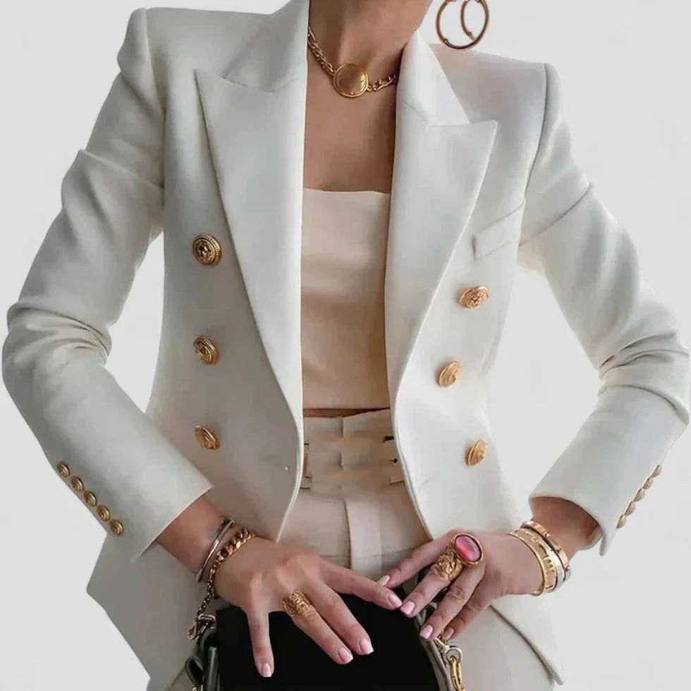 Elegant svart dameblazer med dobbeltspent design og skinnende gullknapper, ideell for et sofistikert antrekk.