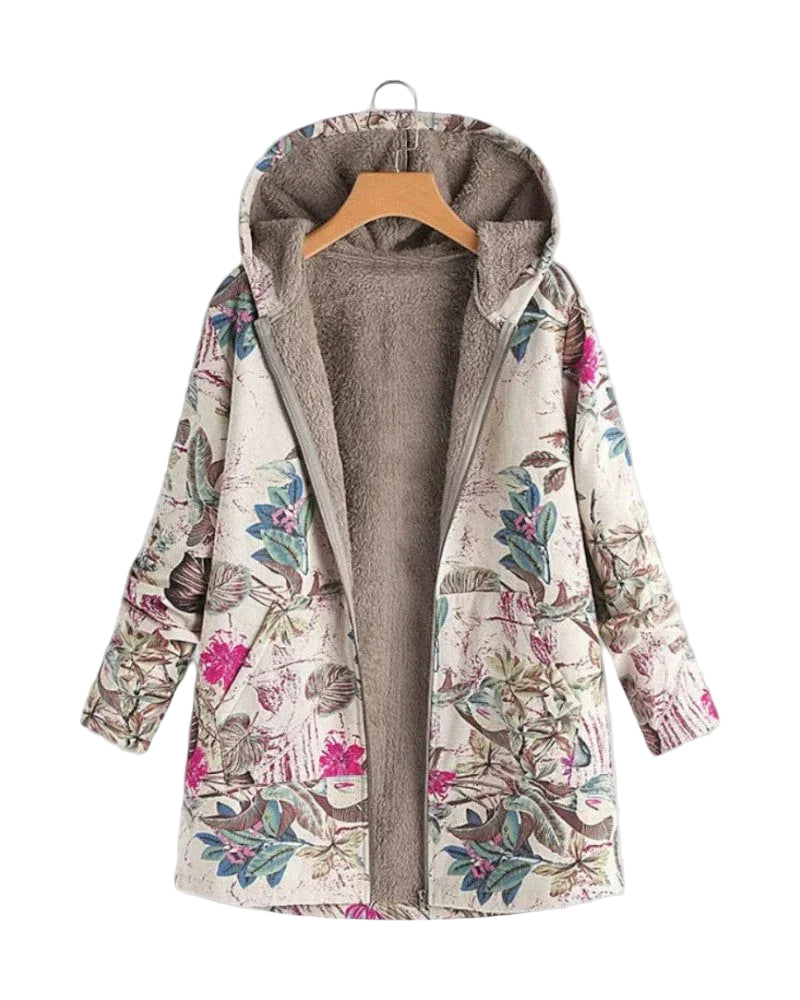 Myk hettejakke i fleece for kvinner, med blomsterdetaljer. En stilig og varm fritidsjakke.