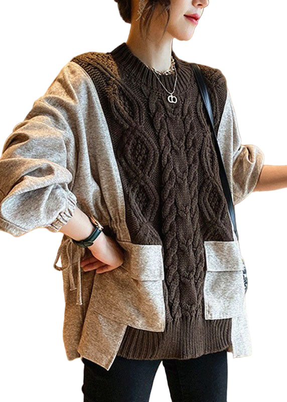 Dame høstgenser med stilige patchwork lommer, komfortabel strikkegenser for kvinner med løs passform.