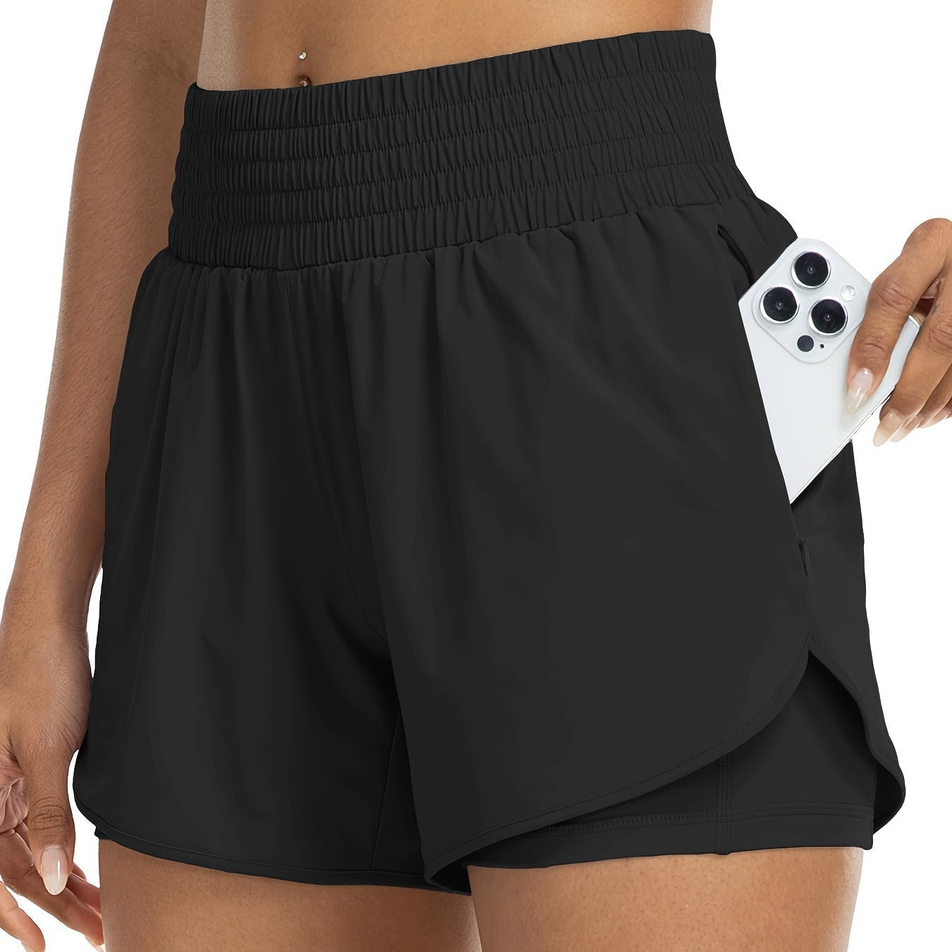 Dame fitnesshorts, høy midje, dobbel lag, pustende og hurtigtørkende, flott for løping.