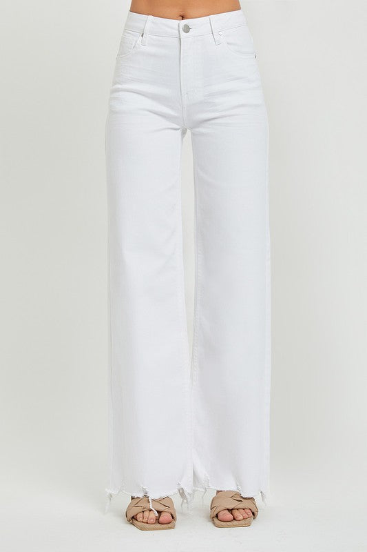 Hvite wide leg jeans for damer med høyt liv, ideelle for både avslappet hverdagsbruk og stilige festantrekk.