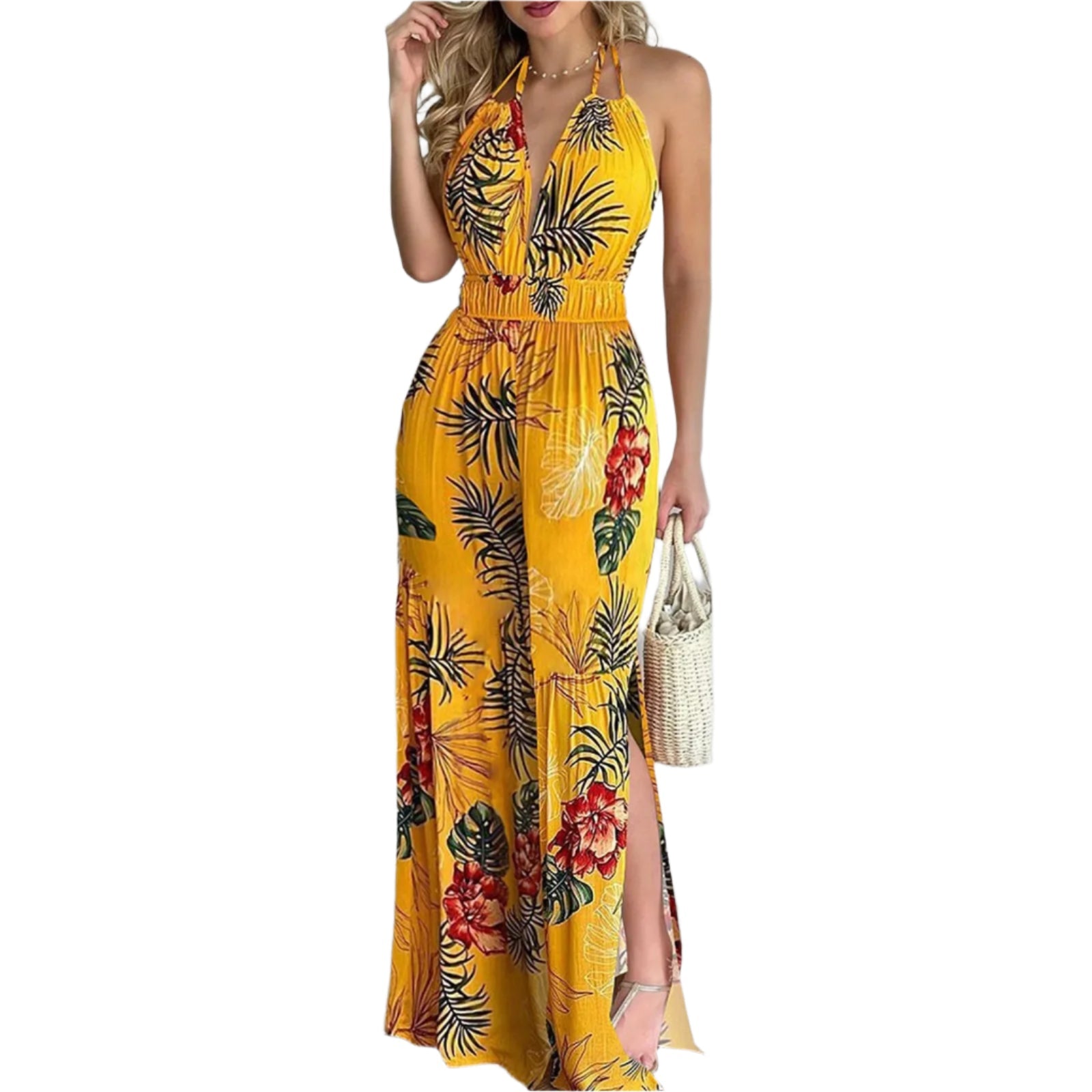 Stilfull dame jumpsuit med digitaltrykk og V-hals. Komfortabelt og elegant fritidsantrekk for sommer.