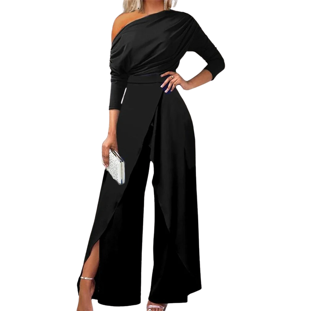 Dame jumpsuit med vide ben, elegant splitt og kald skulder. Ideell for fest og hverdag.