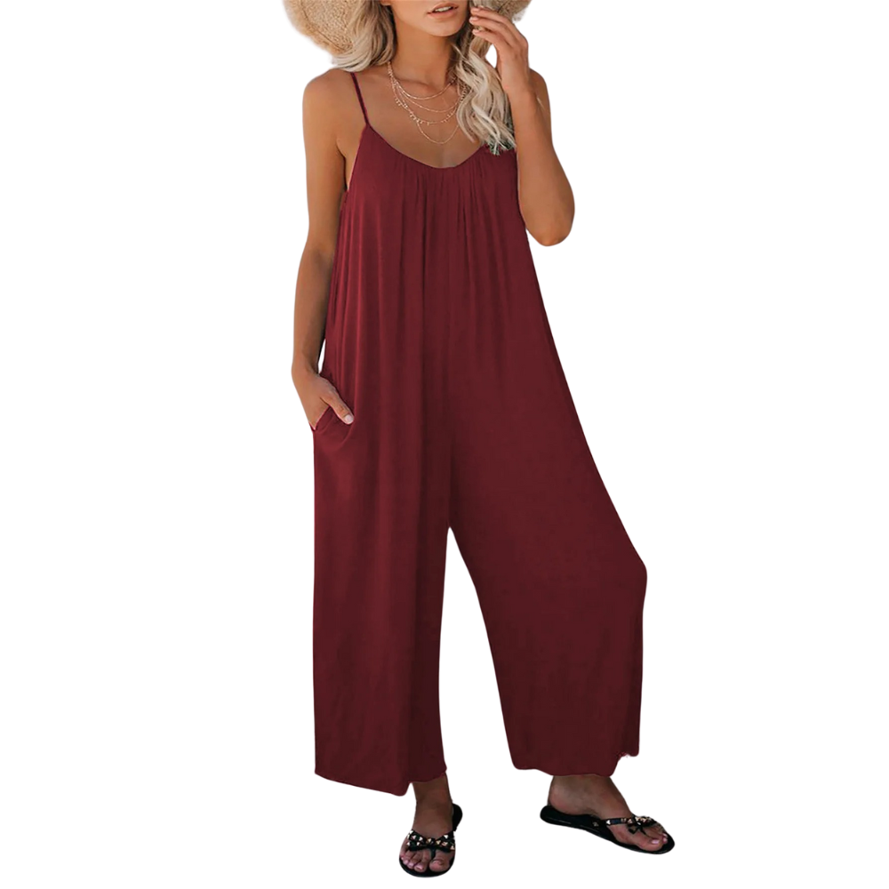 Komfortabel løs jumpsuit, dame, V-hals, perfekt for varmere dager og fritid.