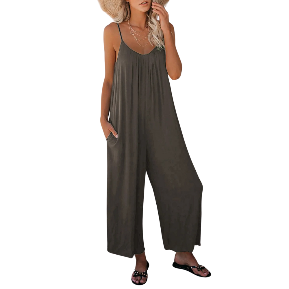 Komfortabel dame jumpsuit, V-hals, løs passform, super til sommer og fritid.