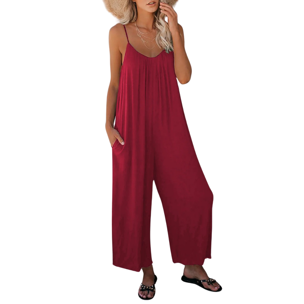 Dame jumpsuit i lett stoff, V-hals, løs passform, for avslappede dager.