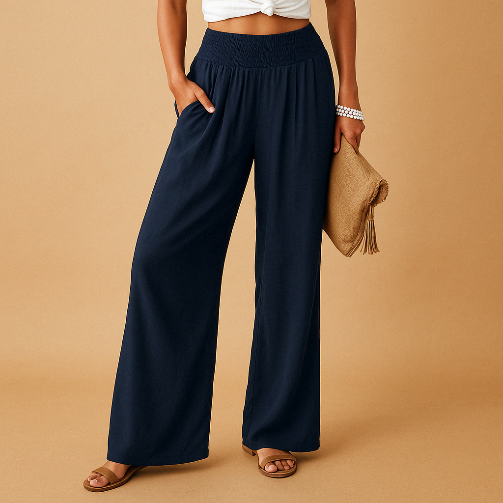 Stilige dame linbukser med høy midje og strikk. Løse, pustende bukser for en casual look.