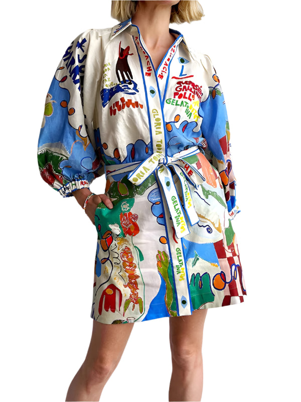 Dame minikjole i linblanding med unikt graffiti-print. Komfortabel skjortekjole for vår- og sommerdager.