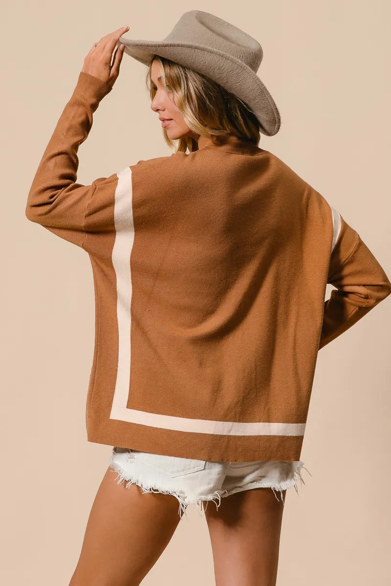 Myk, komfortabel dame mock neck genser med unik leopardlommedetalj. Perfekt for vinter.