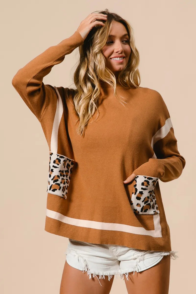 Trendy kvinnegenser: mock neck design og iøynefallende leopardlomme for en moderne look.