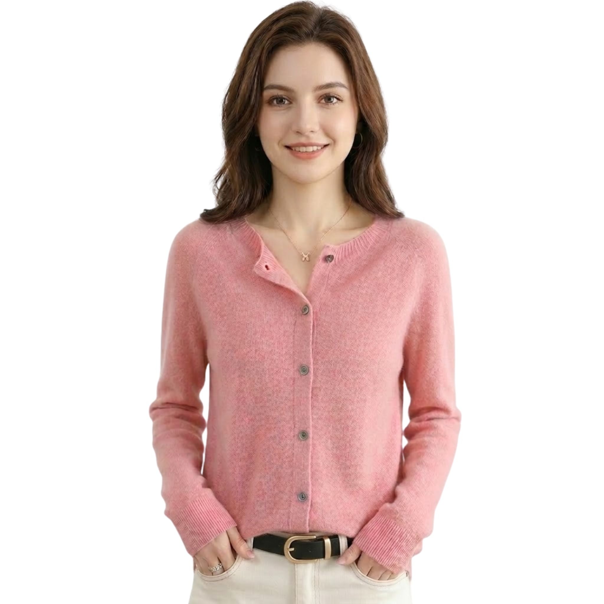 Dame o-hals strikket cardigan i ensfarget design, perfekt for hverdagsbruk og lag-på-lag stil.