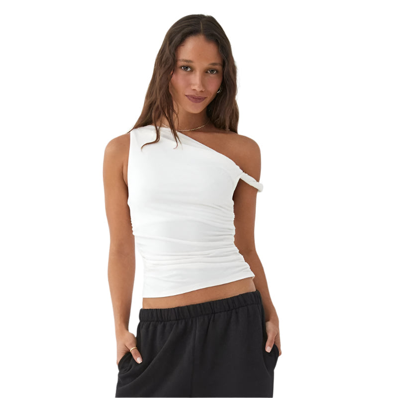 Trendy dameklær: Kort off-shoulder tank-topp. Elegant blondetopp for en chic og luftig sommerstil.