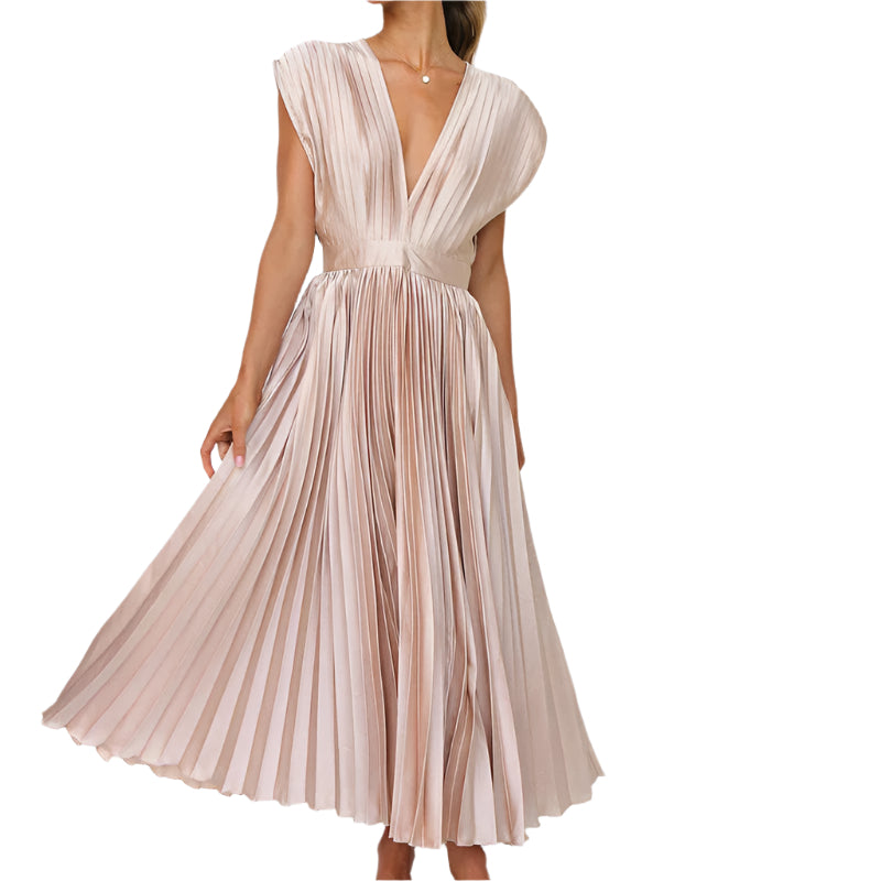 Dame plissert maxikjole i elegant lett stoff med V-hals. Perfekt for fest og sommerbruk.