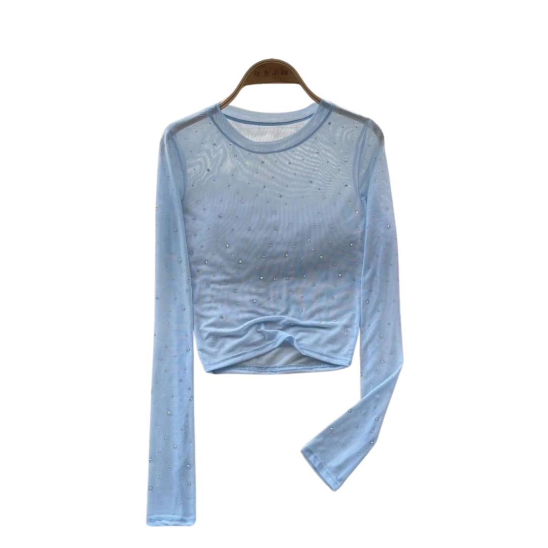 Elegant rhinestone festtopp for kvinner. Langermet crop bluse med glitrende detaljer for trendy kvelder.