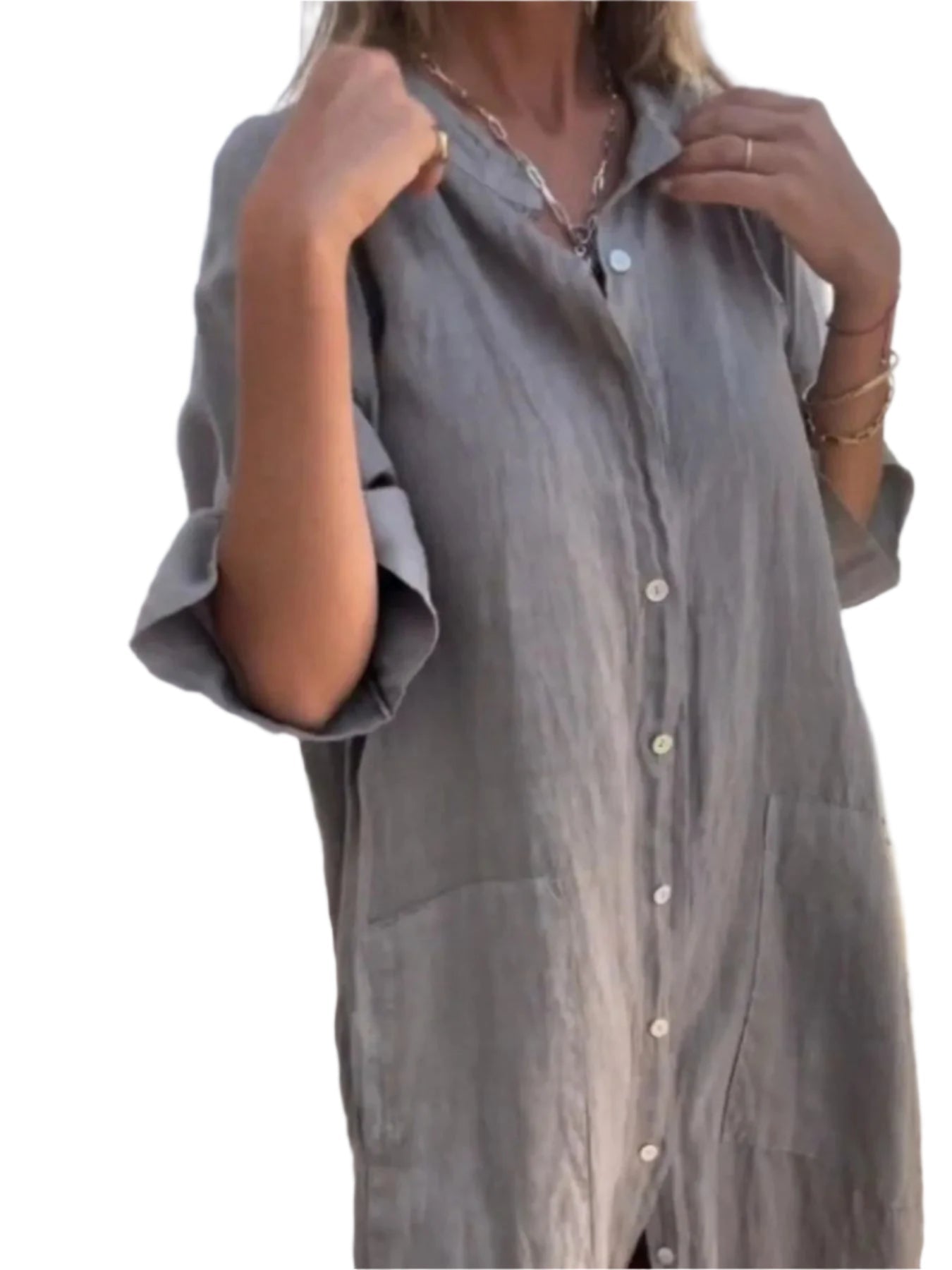 Dame skjortekjole i linlook. Komfortabel polyesterkjole med knapper og V-hals, perfekt for sommeren.