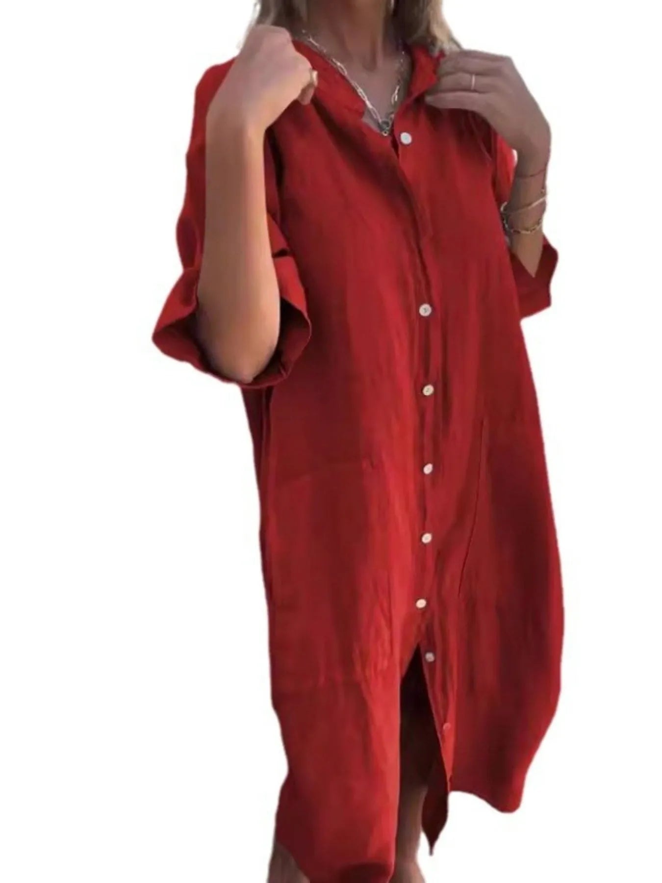 Enkel å style linlook skjortekjole for dame. Casual kjole med V-hals og knapper, perfekt for en avslappet stil.
