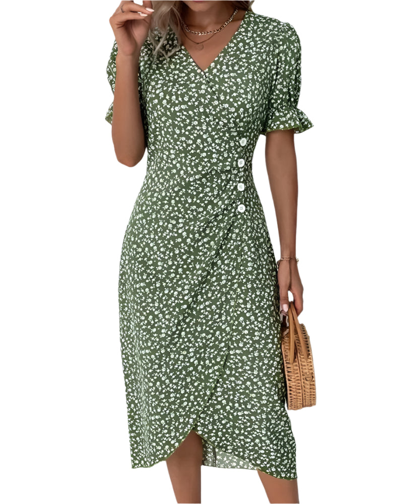 Dame sommerkjole med vakkert blomstertrykk og elegant v-hals. Perfekt lett midikjole for sommeren.