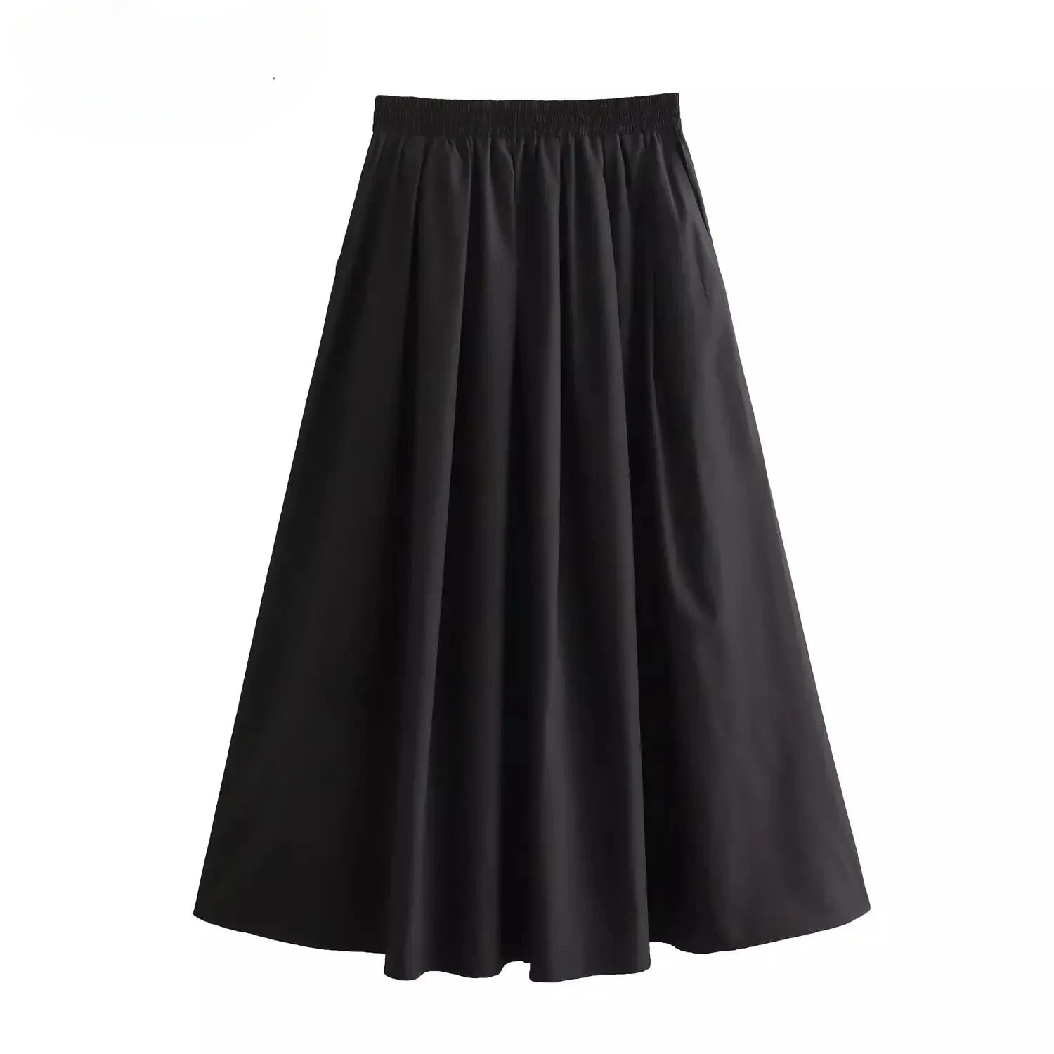 Dame svart plissert A-linje skjørt med høy midje, elegant for hverdag og fest.