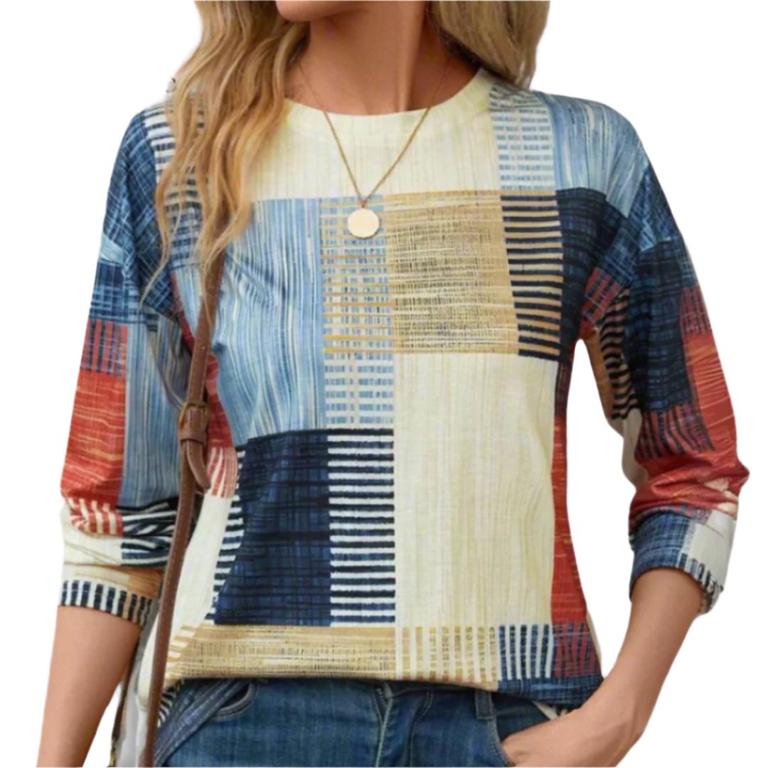 Dame t-skjorte med moderne geometrisk design. Komfortabel, langermet topp for hverdagsmote med unik stil.
