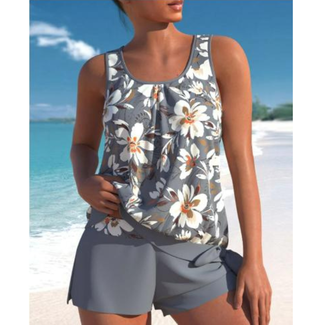 Stilfullt dame tankini sett med blomsterprint, komfortabelt svømmesett for sommerens stranddager.