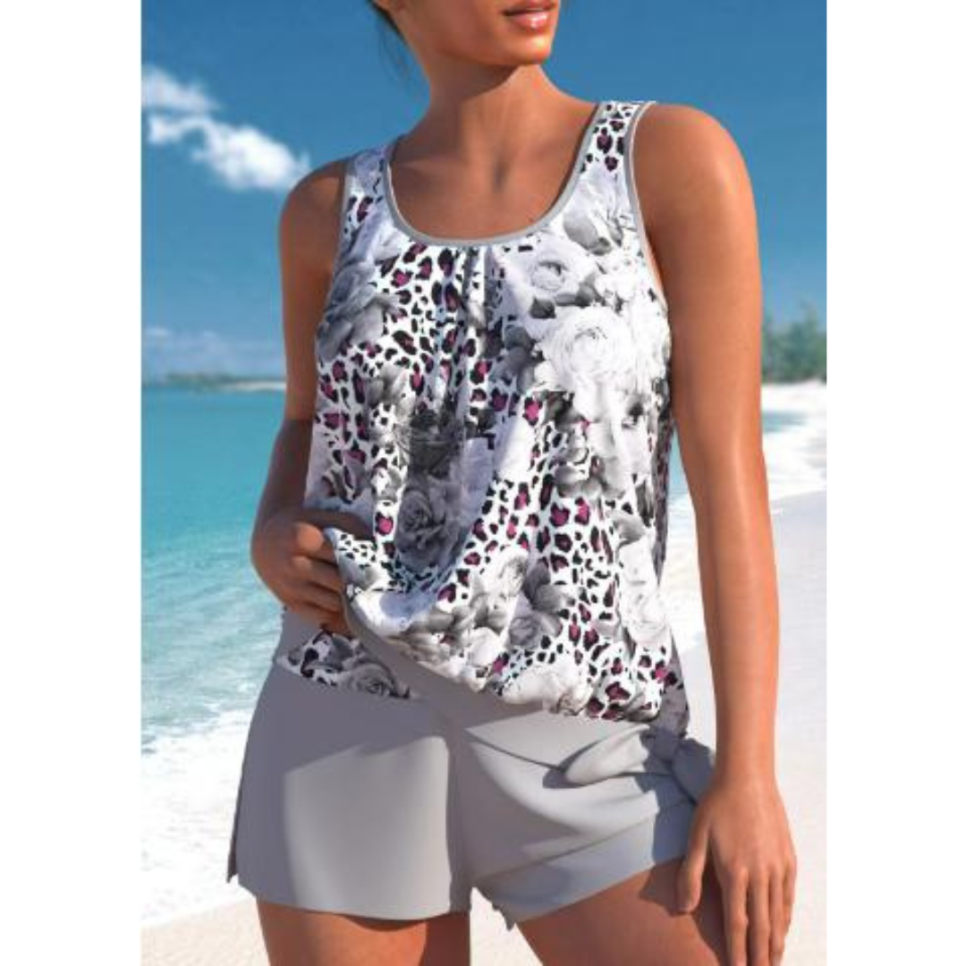 Trendy dame tankini badedrakt med vakkert blomstermønster, ideelt ermeløst strandklær for kvinner.