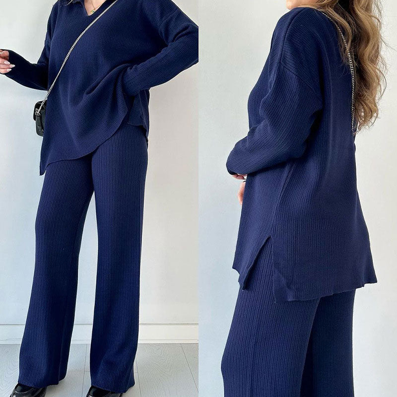Damesett med V-hals topp og vide bukser, stylet for fritid. Elegant og komfortabelt to-delt antrekk.