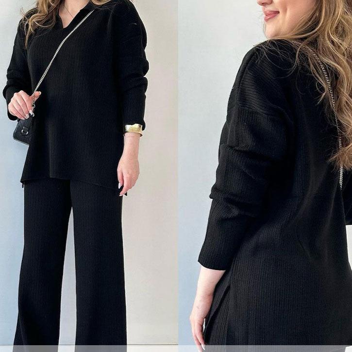 Stilrent dame to-delt sett: V-hals topp & vide bukser. Elegant, avslappet og komfortabelt vår/sommerantrekk.