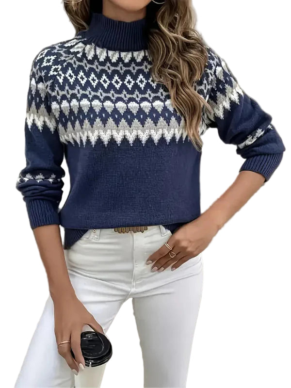 Dame ullgenser med turtleneck, geometrisk mønster og ribbekanter. Komfortabel strikket vintergenser for hverdag.
