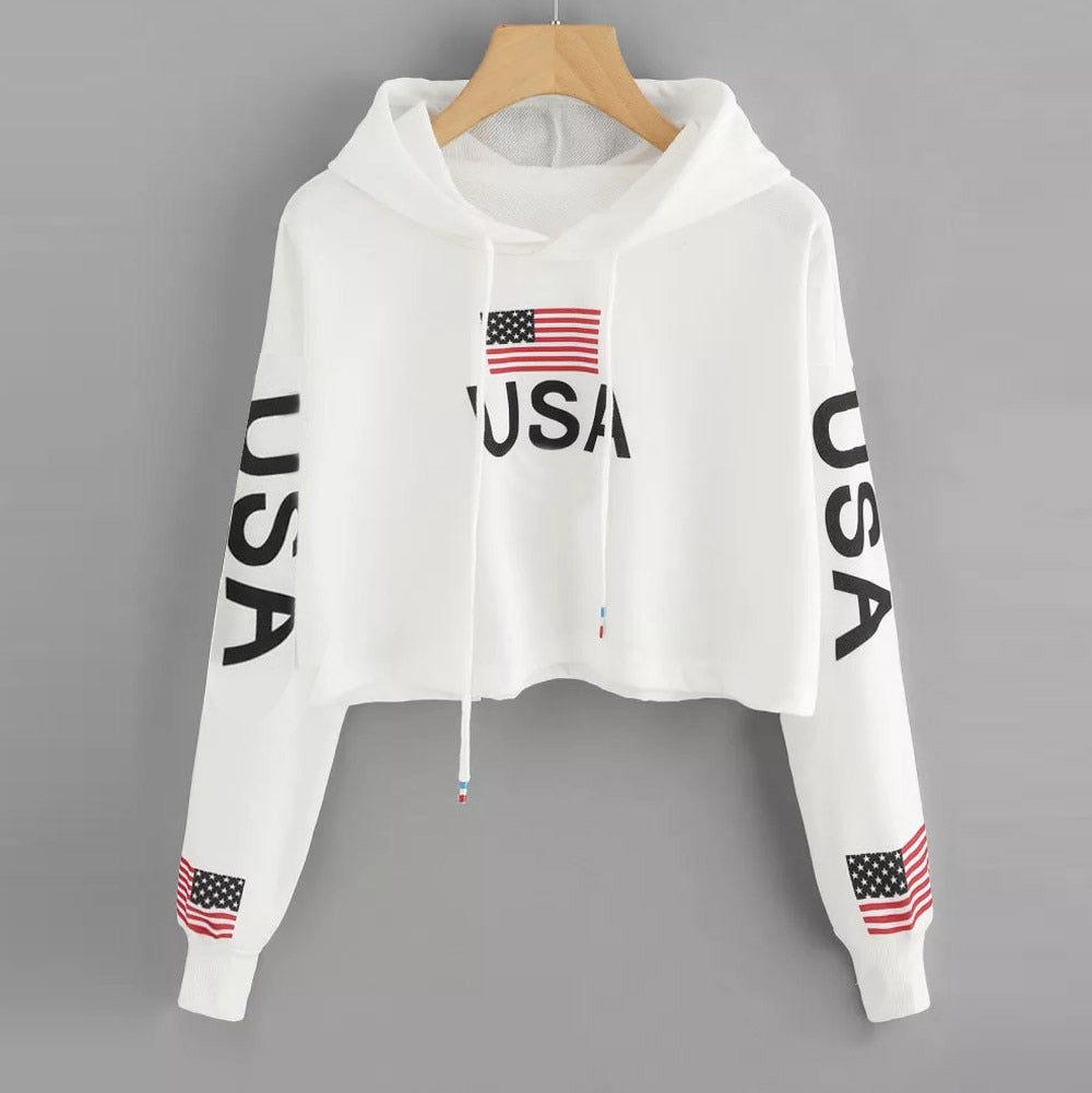 Patriotisk dame crop-genser med USA-motiv, komfortabel og trendy hettegenser.