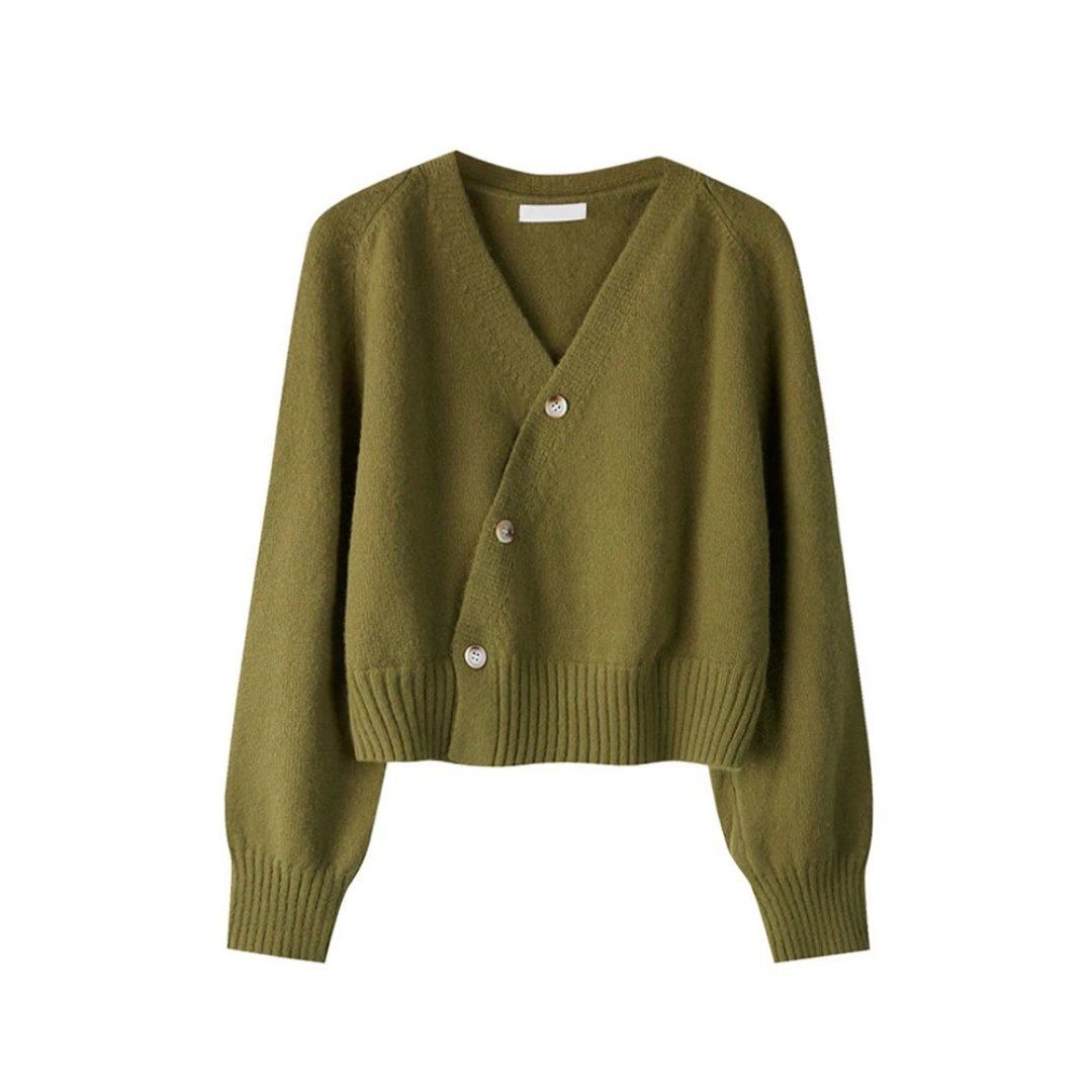 Dame V-hals cardigan med skjev knute, en elegant og komfortabel overdel.