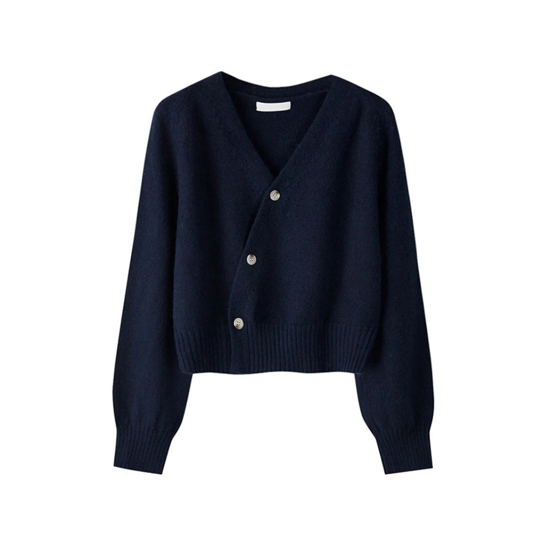 Kvinnecardigan med V-hals og stilig skjev knutedetalj, perfekt for motebevisste.