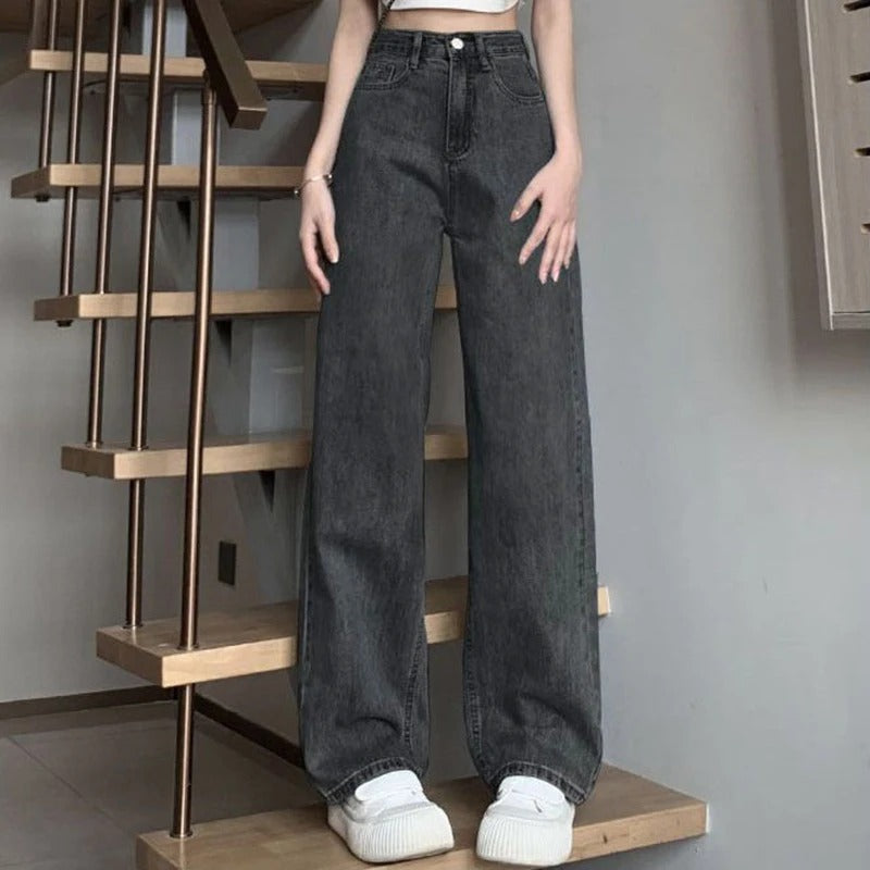 Allsidige vide ben vintage jeans, høy midje damebukser for ulike anledninger.