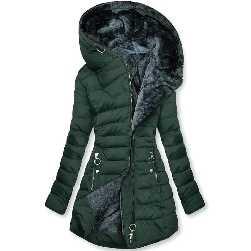 Varm dameparkas for vinter, med slank passform, pelskrage og glidelås. Ideell yttertøy for kvinne.